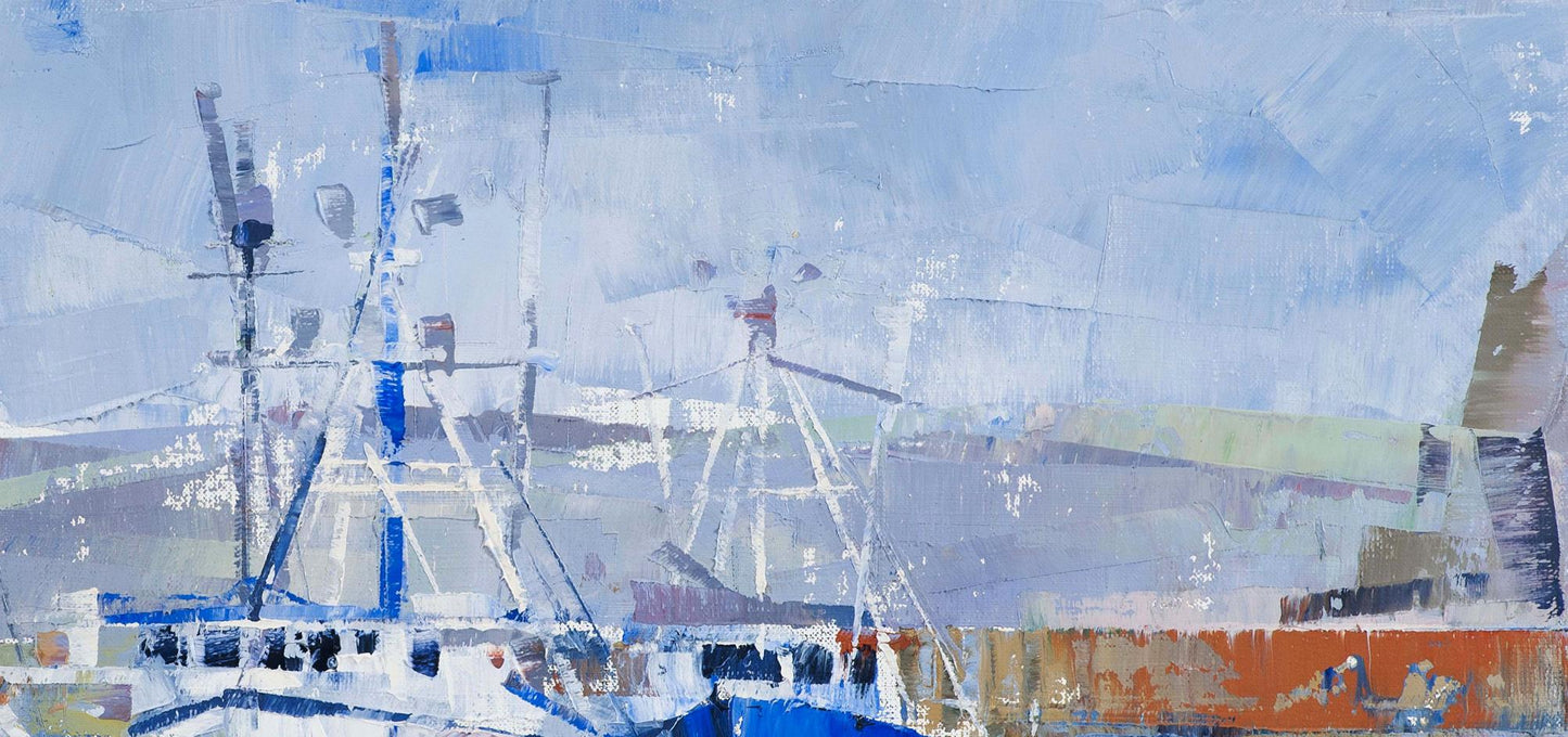 Oil painting Seagulls by Volodymyr Gluhomanyuk: abstract harbor boats