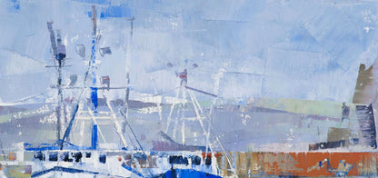 Oil painting Seagulls by Volodymyr Gluhomanyuk: abstract harbor boats