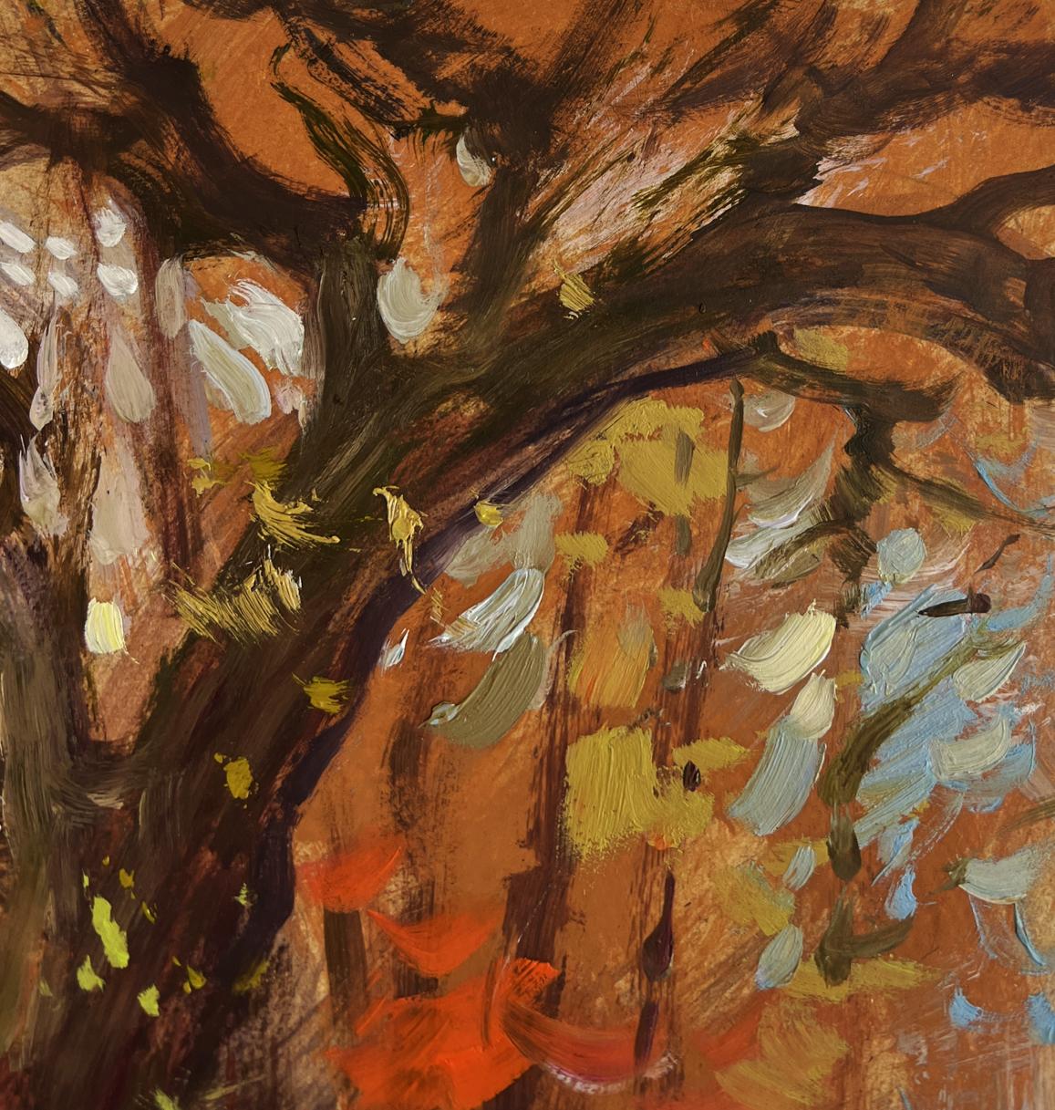 Abstract oil painting of autumn street in golden leaves by Yuriy Suprunchuk