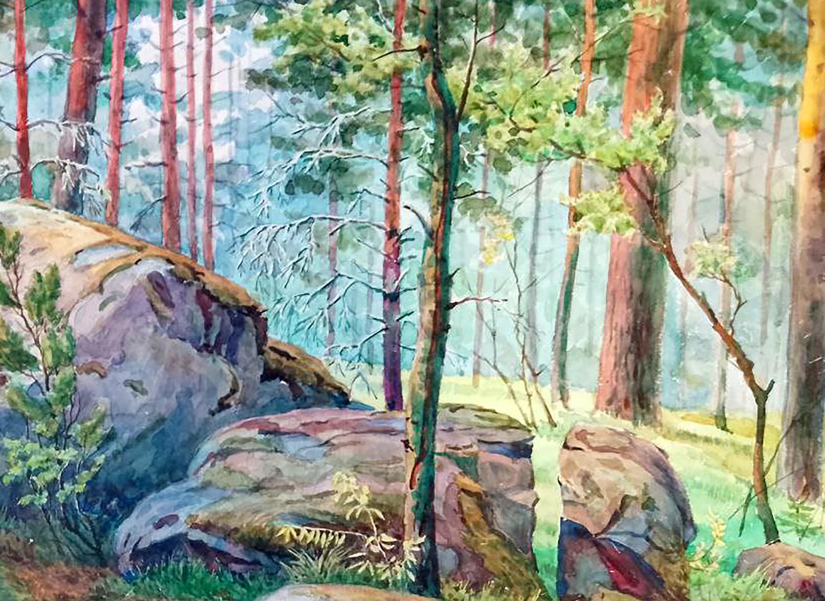 Watercolor forest fairy tale painting by Vitaly Duhnevich with tall trees and mossy rocks