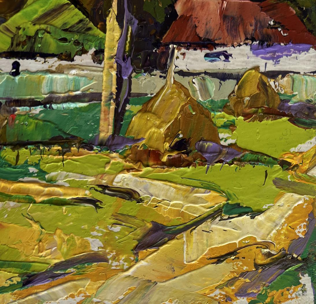 Vibrant impressionist oil painting by Oleksiy Ivanyuk of village bench scene