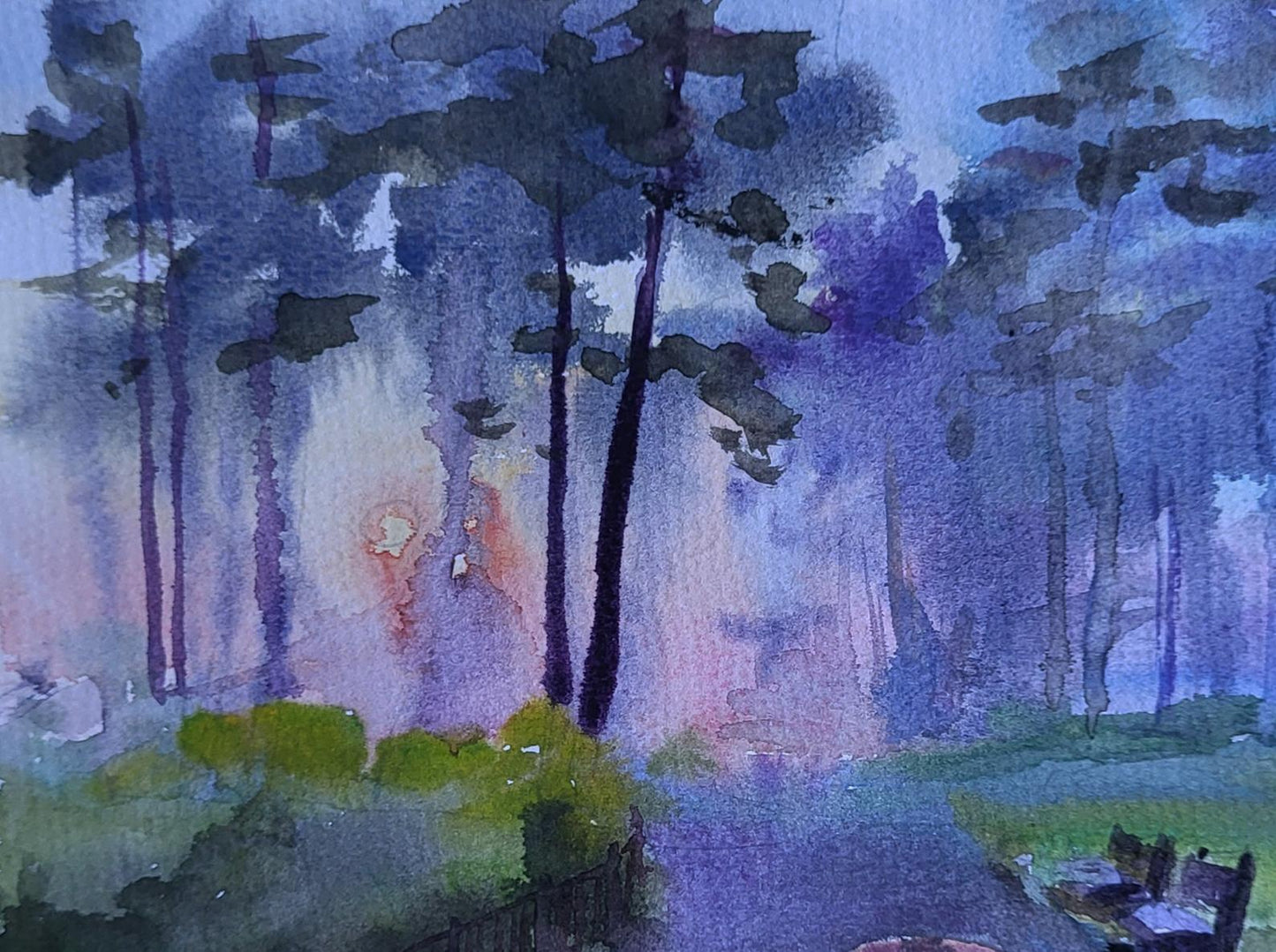 A watercolor painting of a forest scene with tall trees in deep purples and blues, soft green undergrowth, and warm orange light filtering through the misty atmosphere.