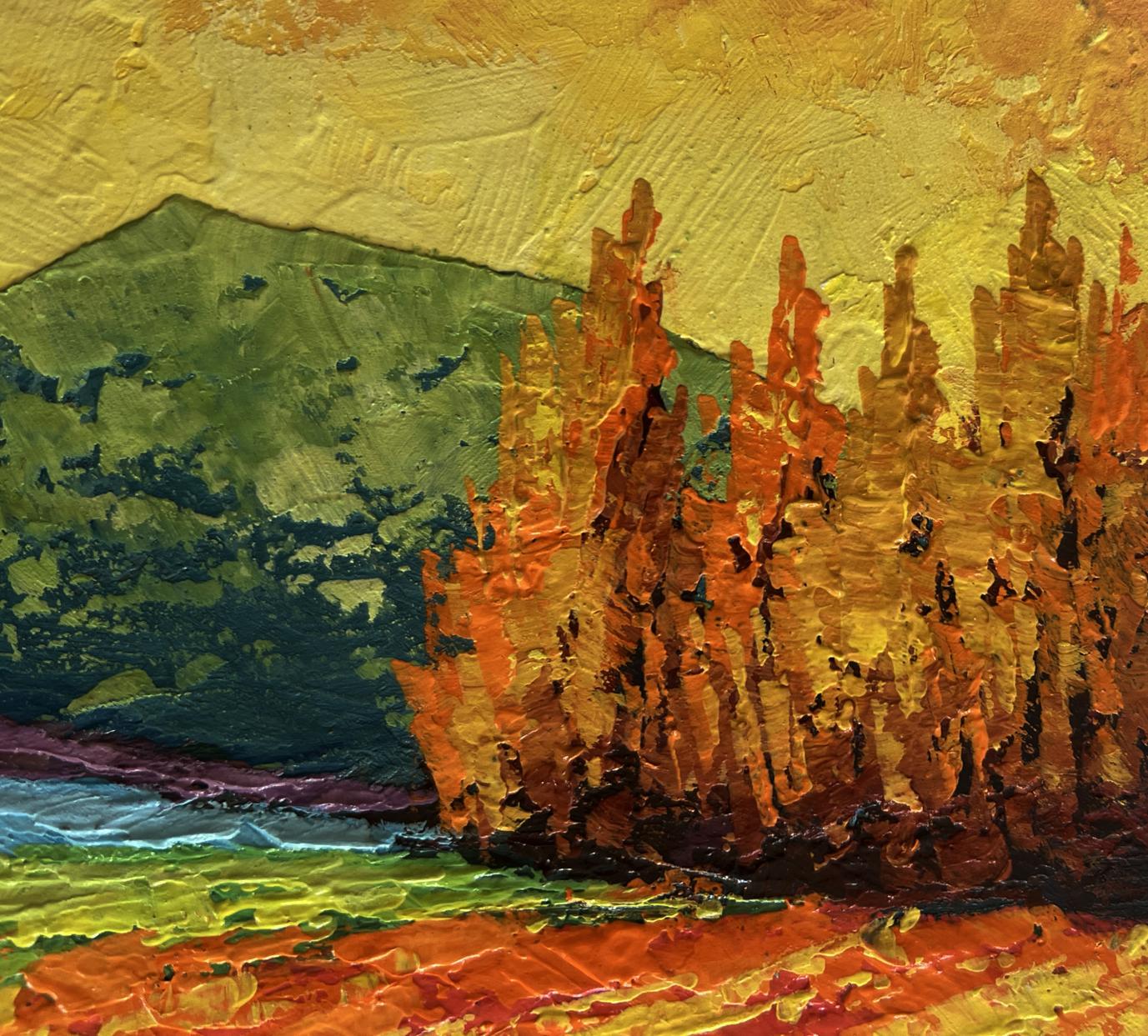 Vibrant impressionist oil painting by V. Zadorozhnya: Sunset tranquility autumn trees
