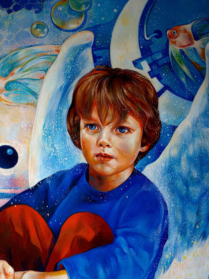 Oil painting Dreamer by Konsta G. Amelinn: boy in blue shirt red pants dreamy backdrop