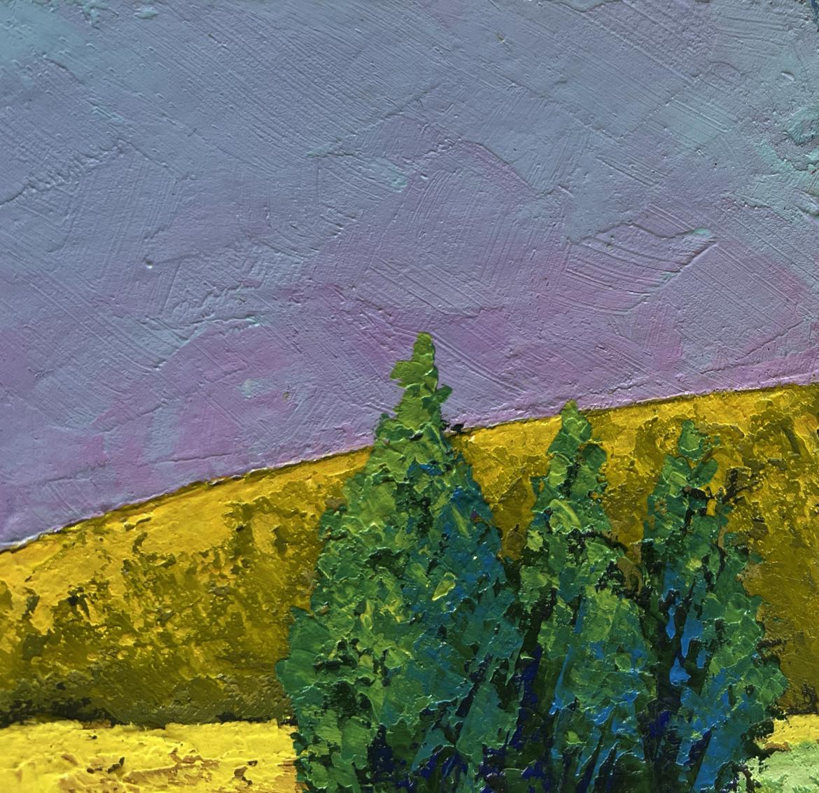Oil painting Light summer breeze in the field by V. Zadorozhnya: vibrant green evergreens on golden hillside