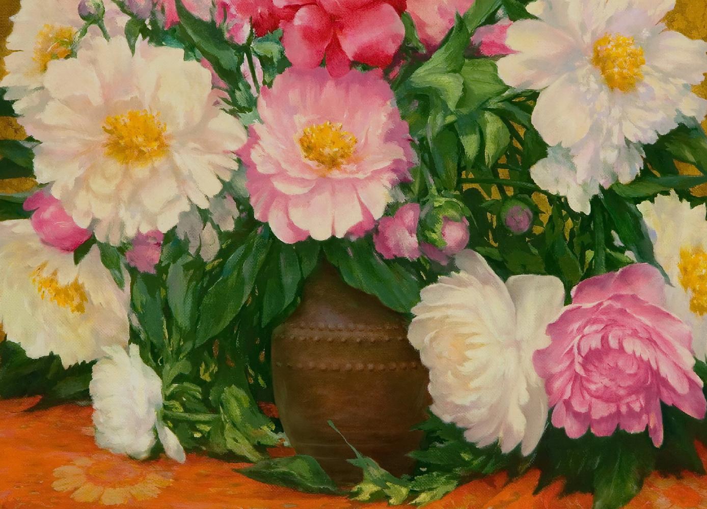Oil painting of rustic brown vase with pink white peonies on red tablecloth by Vasily Korkishko