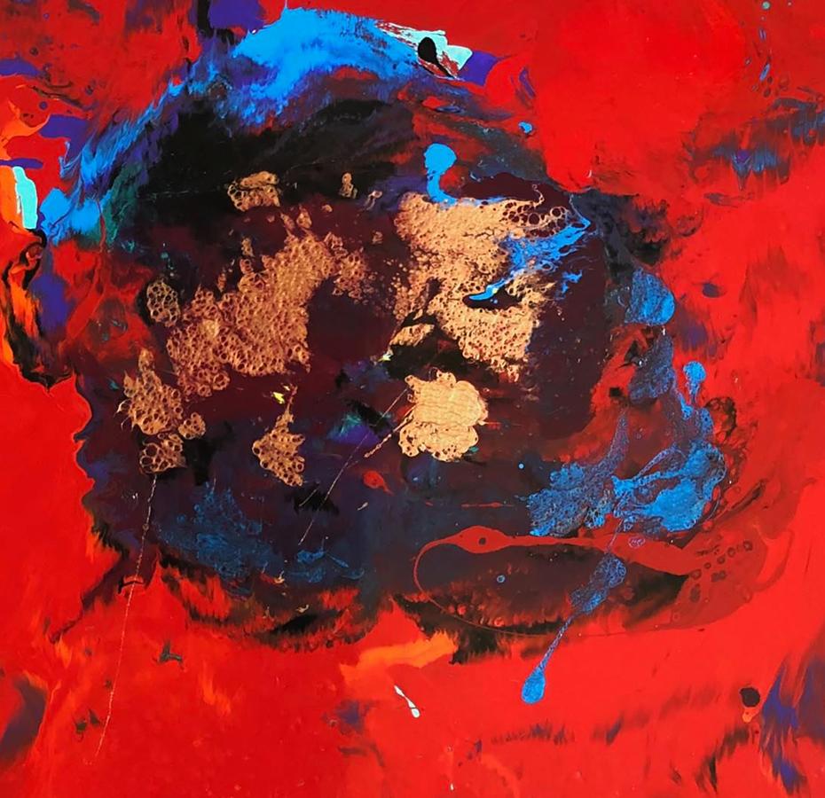 Vibrant Oil painting Flash of Red Flower by Natalia Korf-Ivaniuk with bold red, blue and gold splashes