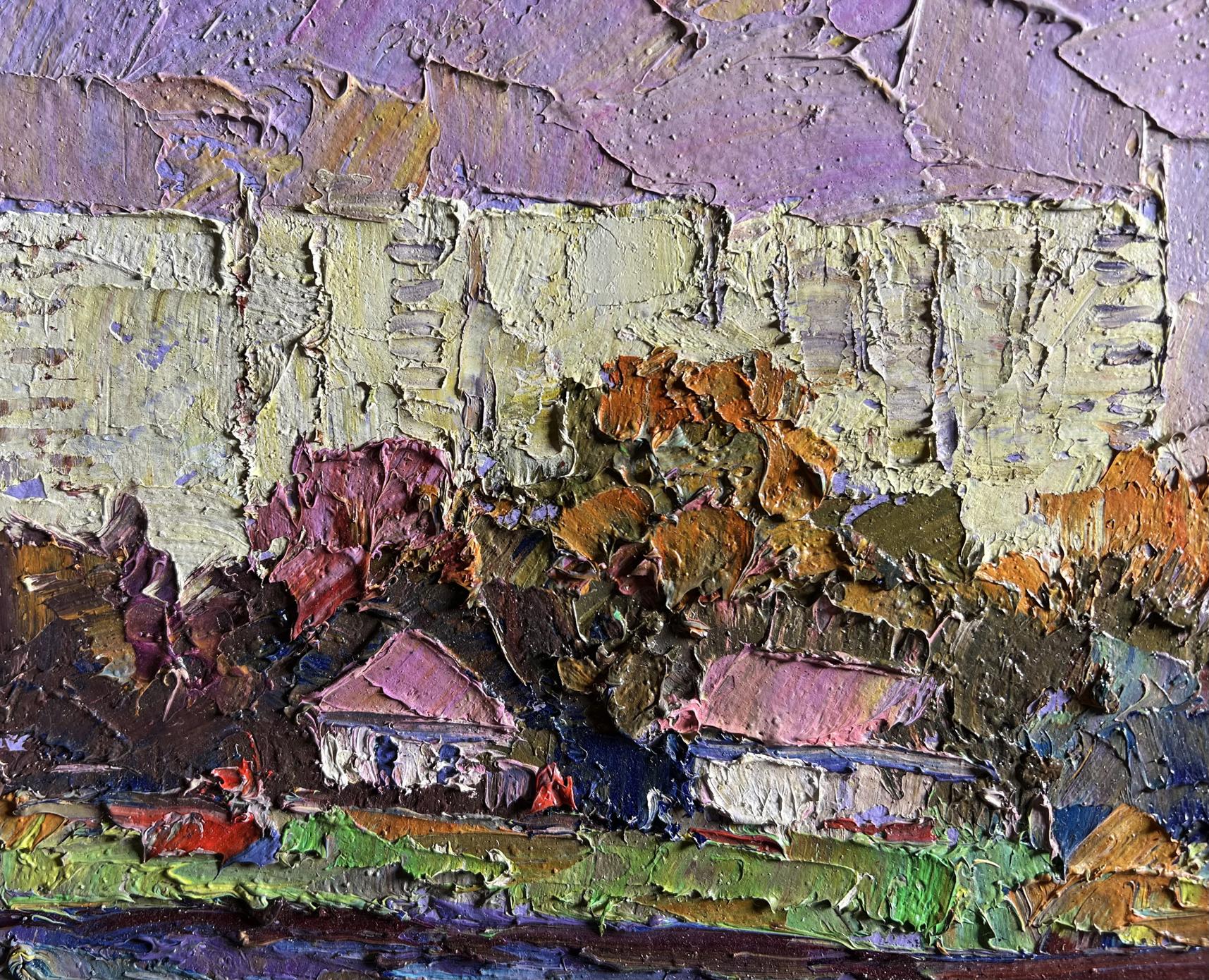 Impressionistic oil painting by Boris Serdyuk overlooking city, impasto purples and greens