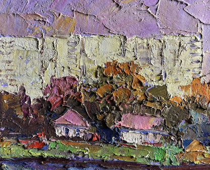 Impressionistic oil painting by Boris Serdyuk overlooking city, impasto purples and greens