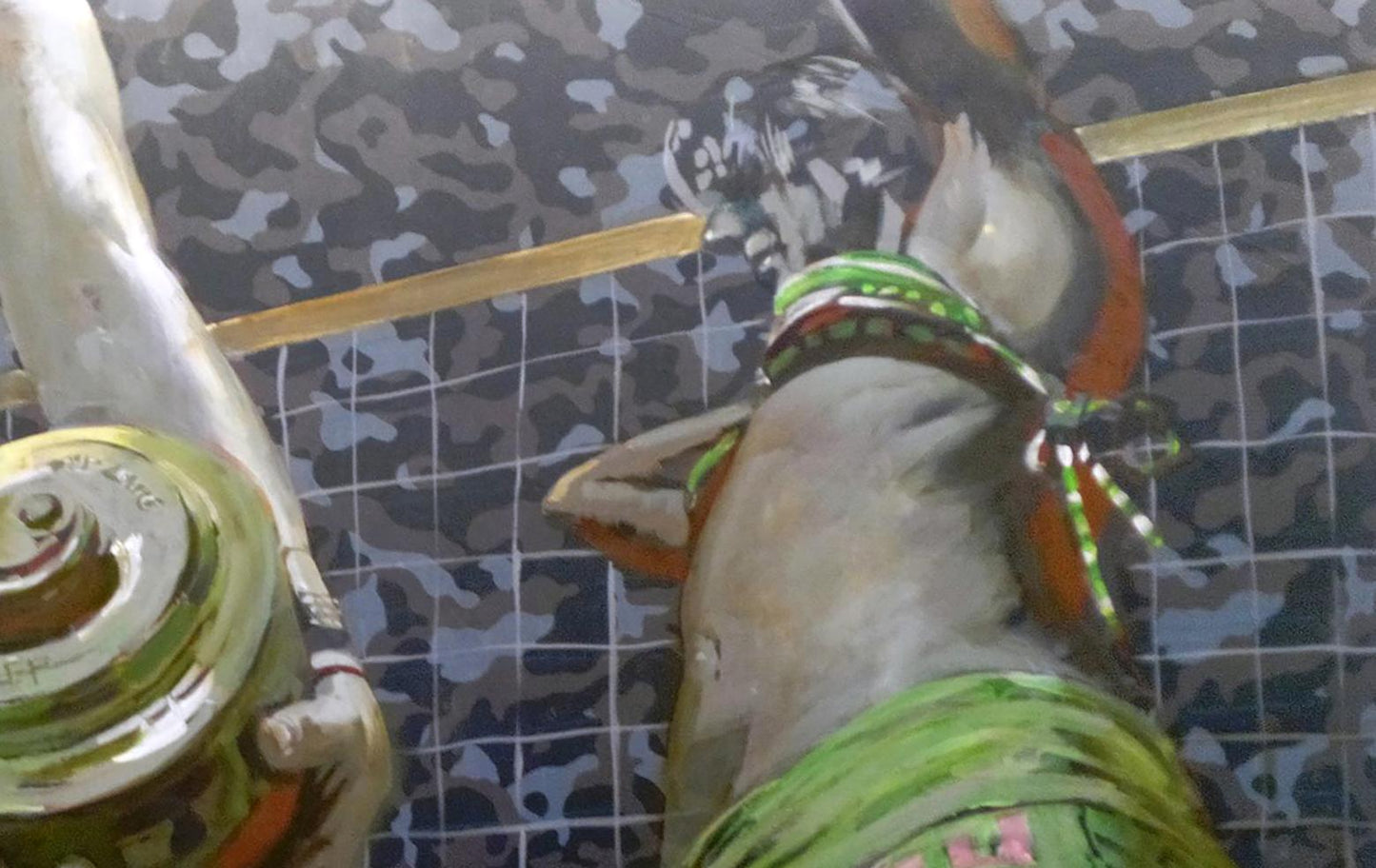 Oil painting In game Ed Potapenkov green orange patterned fabric wrap with beaded trim