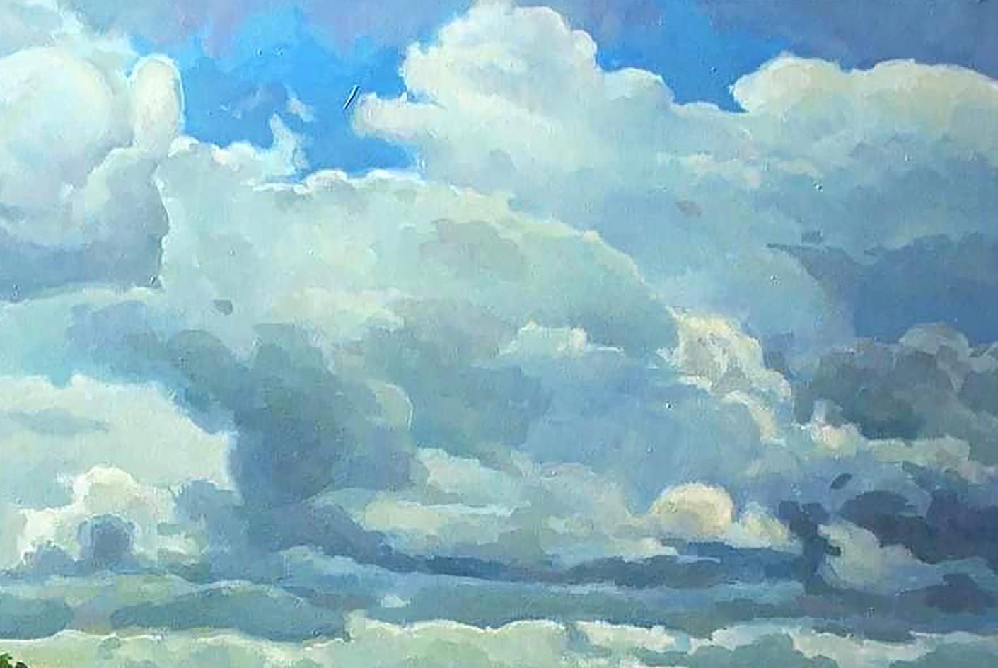 Oil painting by Anastasia Yaroshevich: vibrant blue sky with fluffy clouds