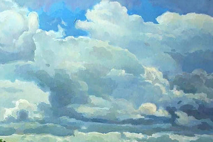 Oil painting by Anastasia Yaroshevich: vibrant blue sky with fluffy clouds