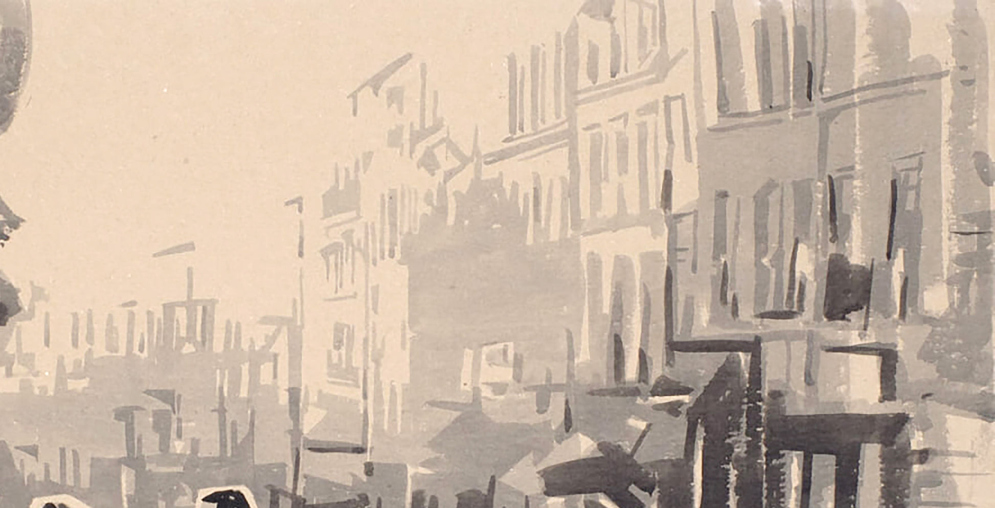 Sepia-toned ink sketch of urban buildings by Dima Filatov