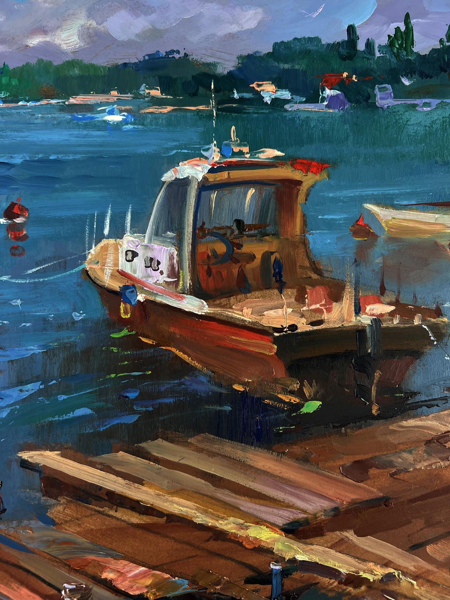Oil painting by Yuriy Suprunchuk: rustic red fishing boat at old wooden pier