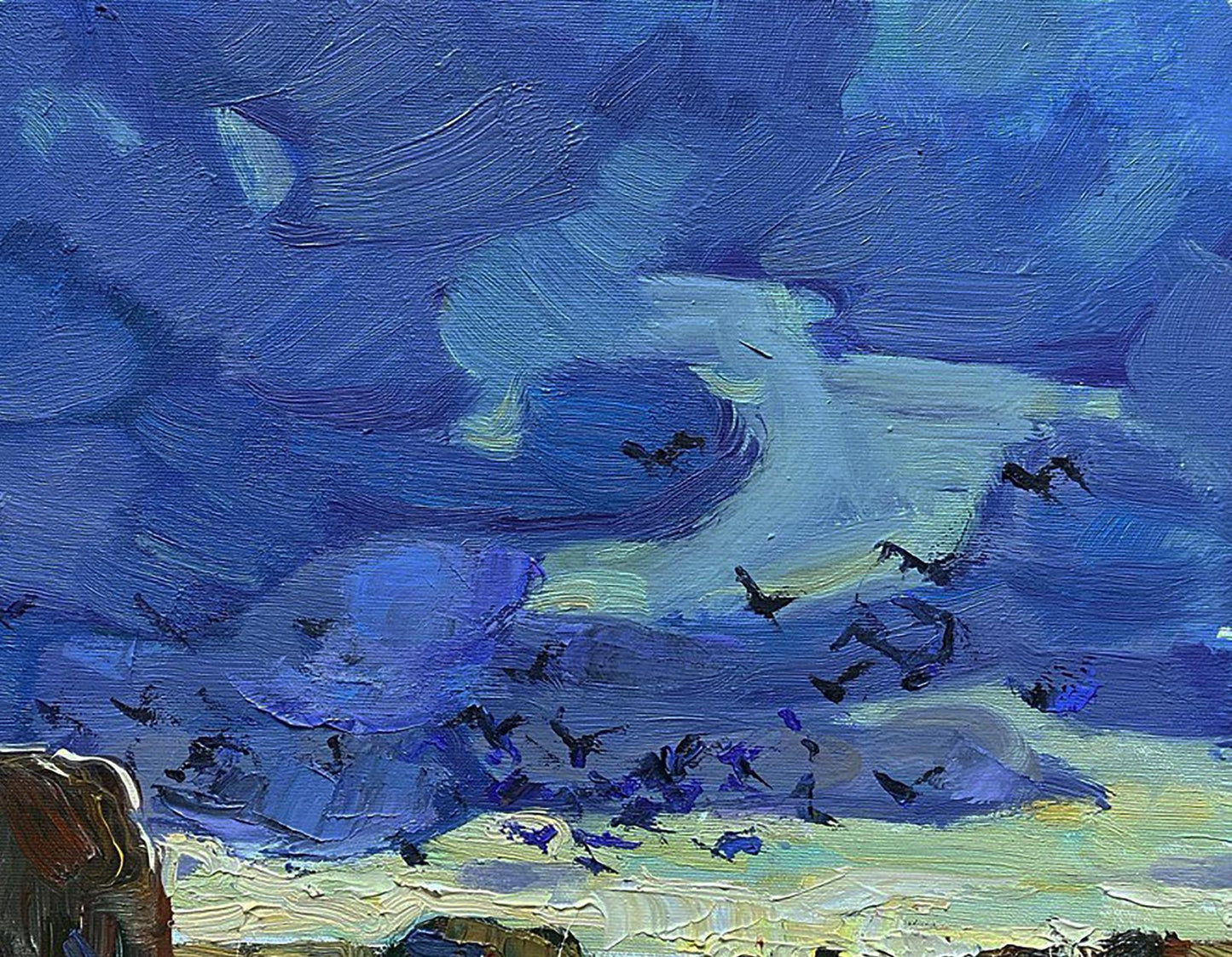 Oil painting The Long Road Home by Oleksiy Ivanyuk with swirling blue-purple sky
