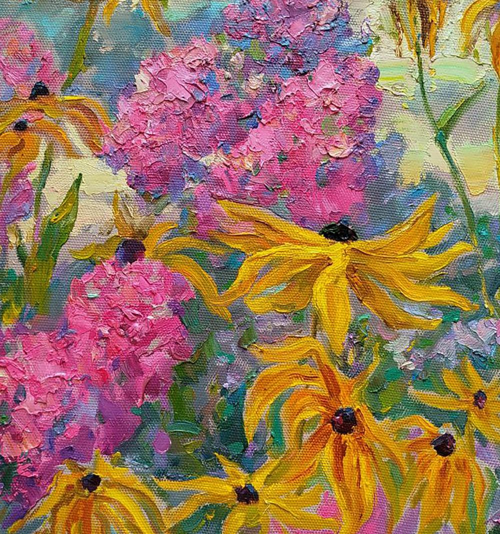 Vibrant pink yellow flowers in The Color of Summer oil painting by Leonid Pavlenko