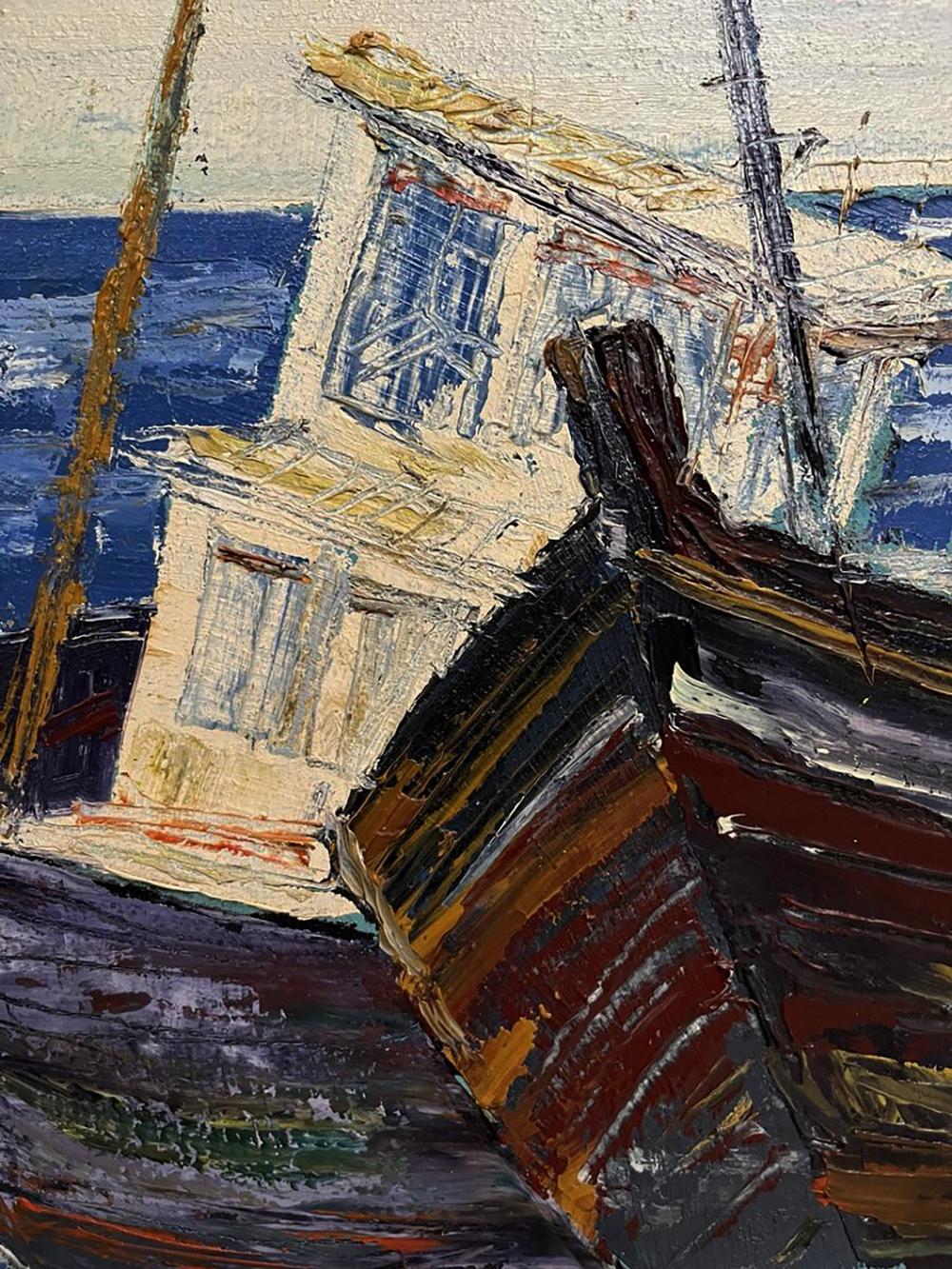 Weathered oil painting of fishing boat by Serhiy Kovalev, Dock artwork