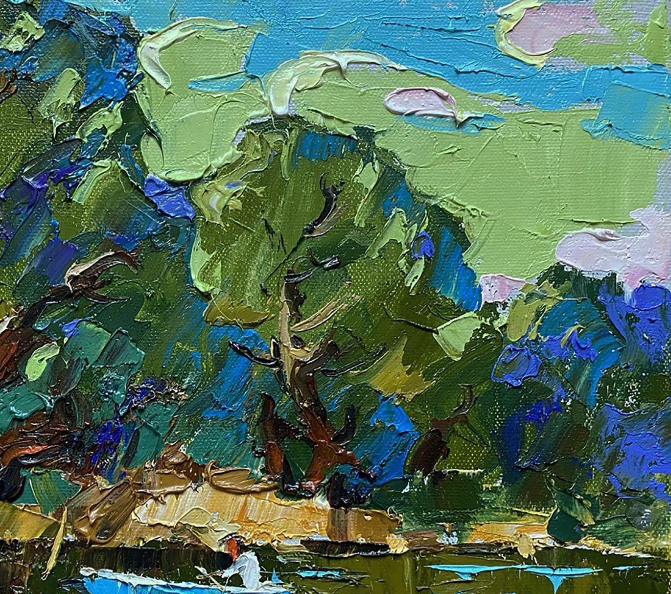Vibrant In Silence with Nature oil painting by Oleksiy Ivanyuk with green foliage and blue sky