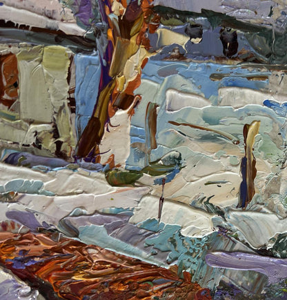 Vibrant oil painting Saturday winter day by Oksana Ivanyuk with bold blue strokes