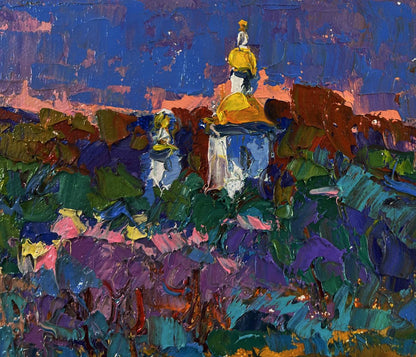 Oil painting Melody through rural silence by Oksana Ivanyuk with golden-domed church