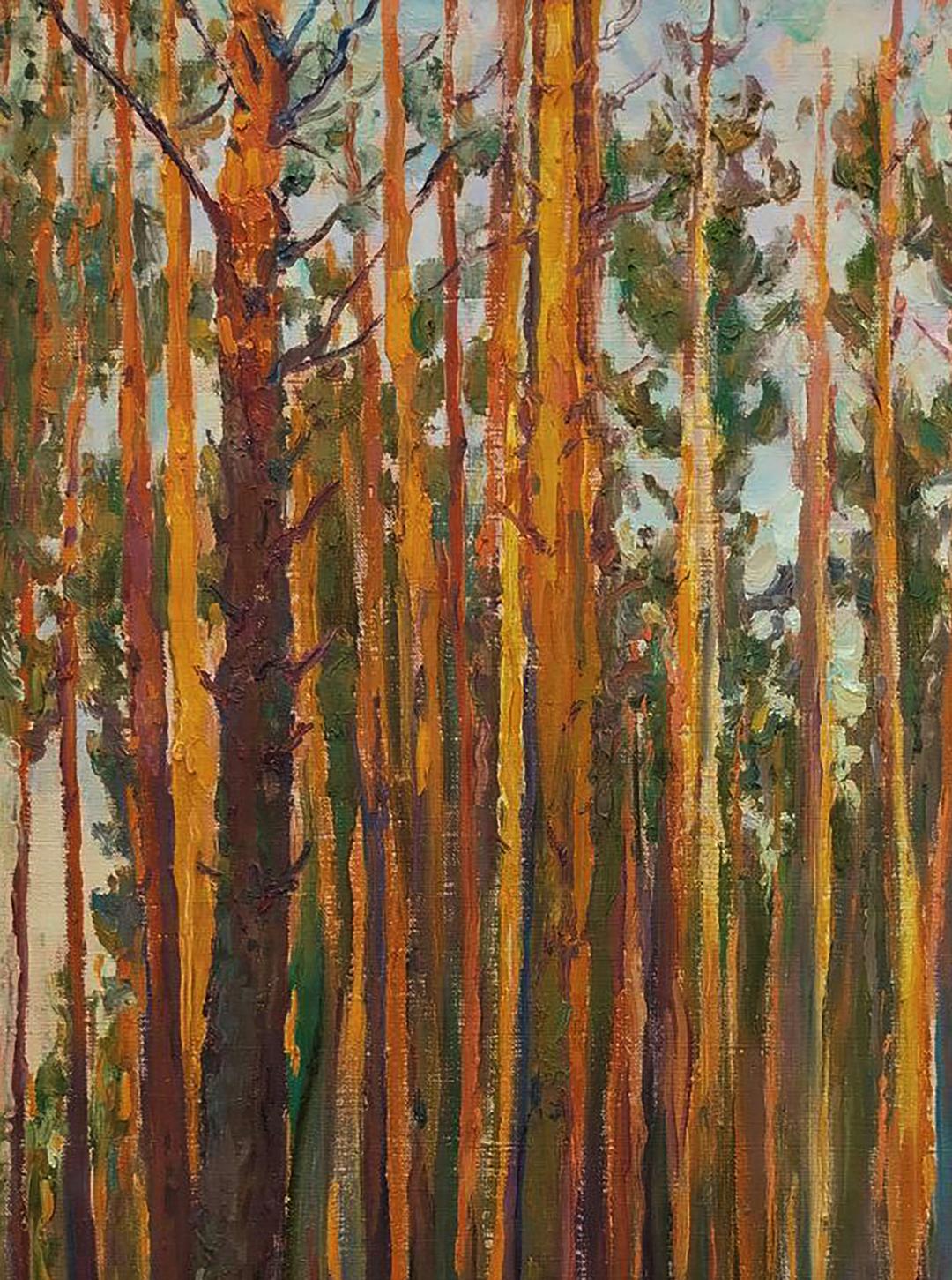Oil painting of pine forest by Leonid Pavlenko, tall trees blue sky