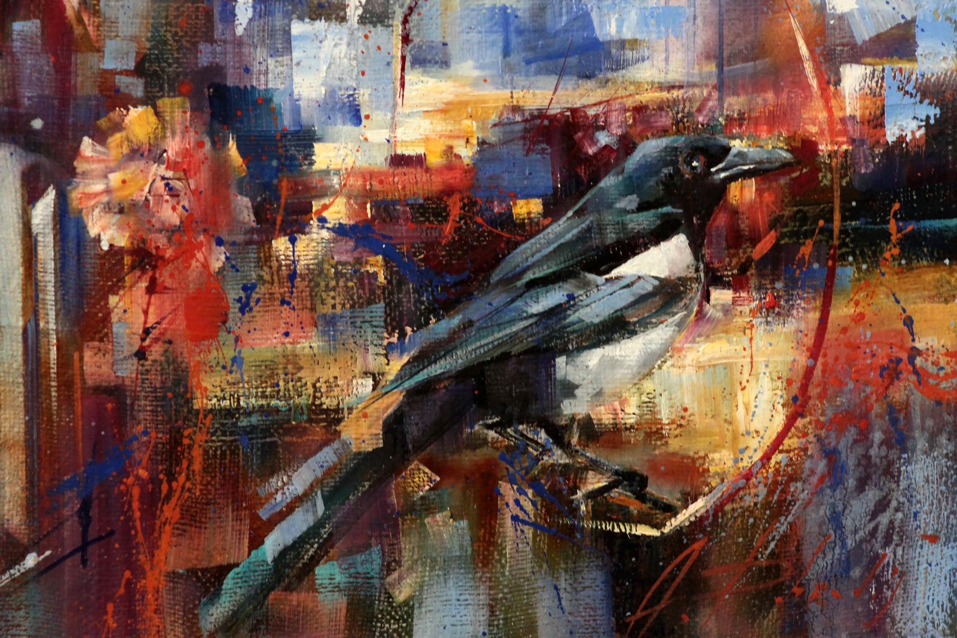 Oil painting Capital by Alexander Dobrodiy: expressive black white magpie on vibrant abstract background