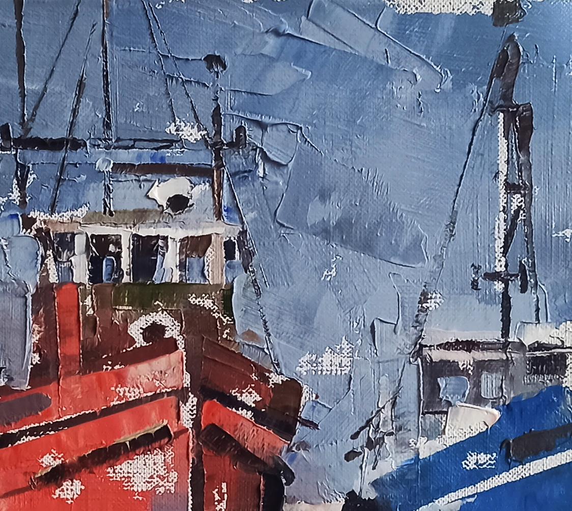 Oil painting Ships in the port by Volodymyr Gluhomanyuk textured red blue ship