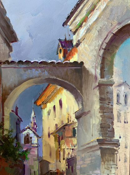 Oil painting of old city streets stone archway by Yuriy Suprunchuk