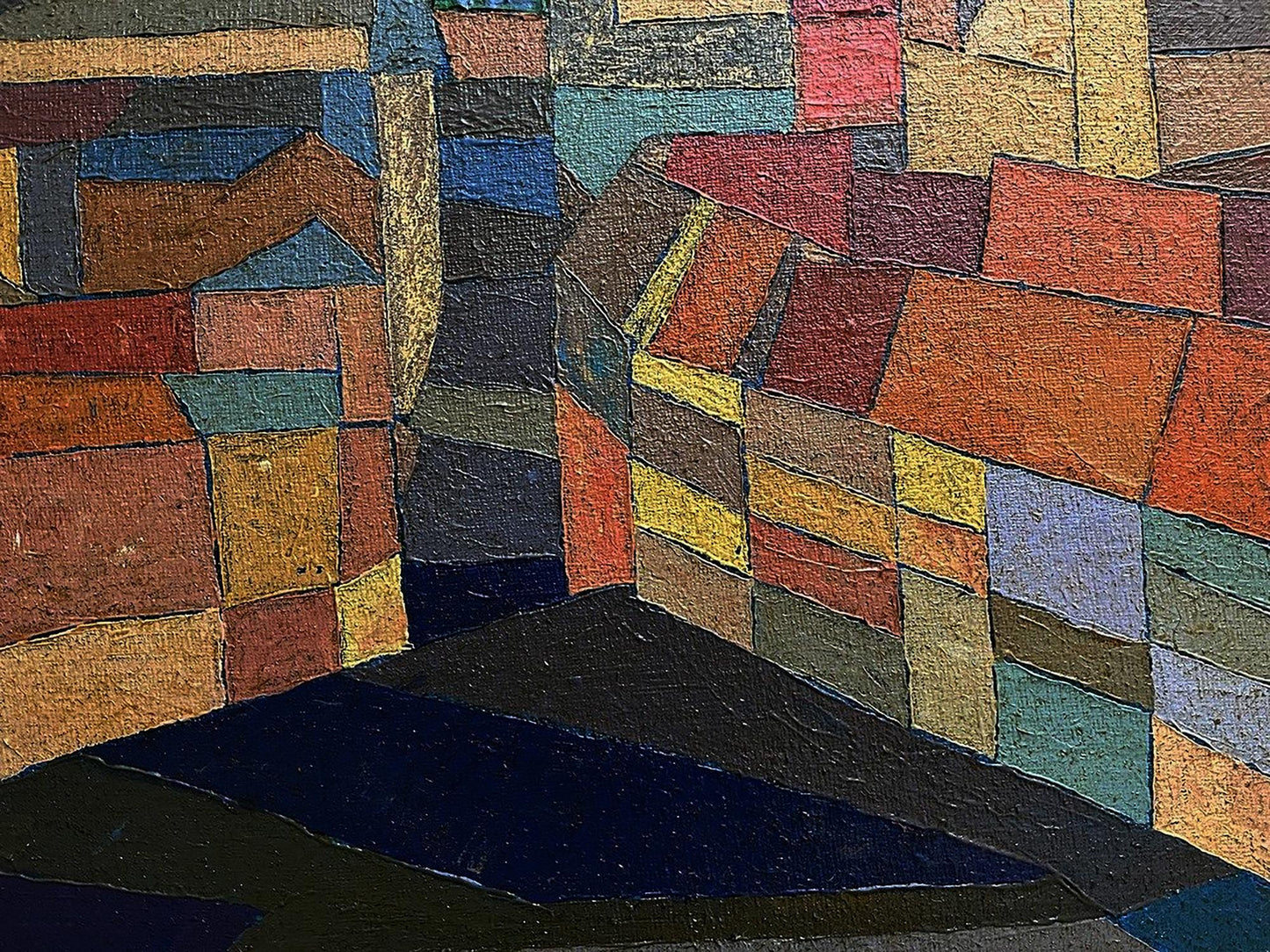 Oil painting Evening city by Serhiy Kovalev: colorful geometric blocks
