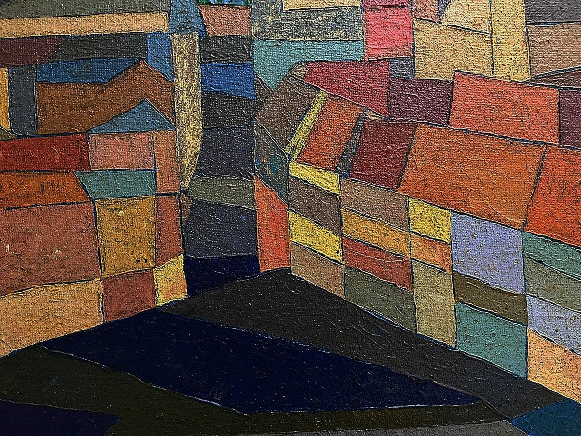 Oil painting Evening city by Serhiy Kovalev: colorful geometric blocks