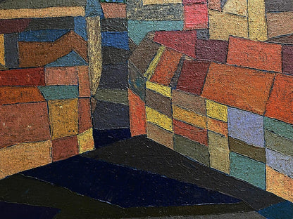 Oil painting Evening city by Serhiy Kovalev: colorful geometric blocks