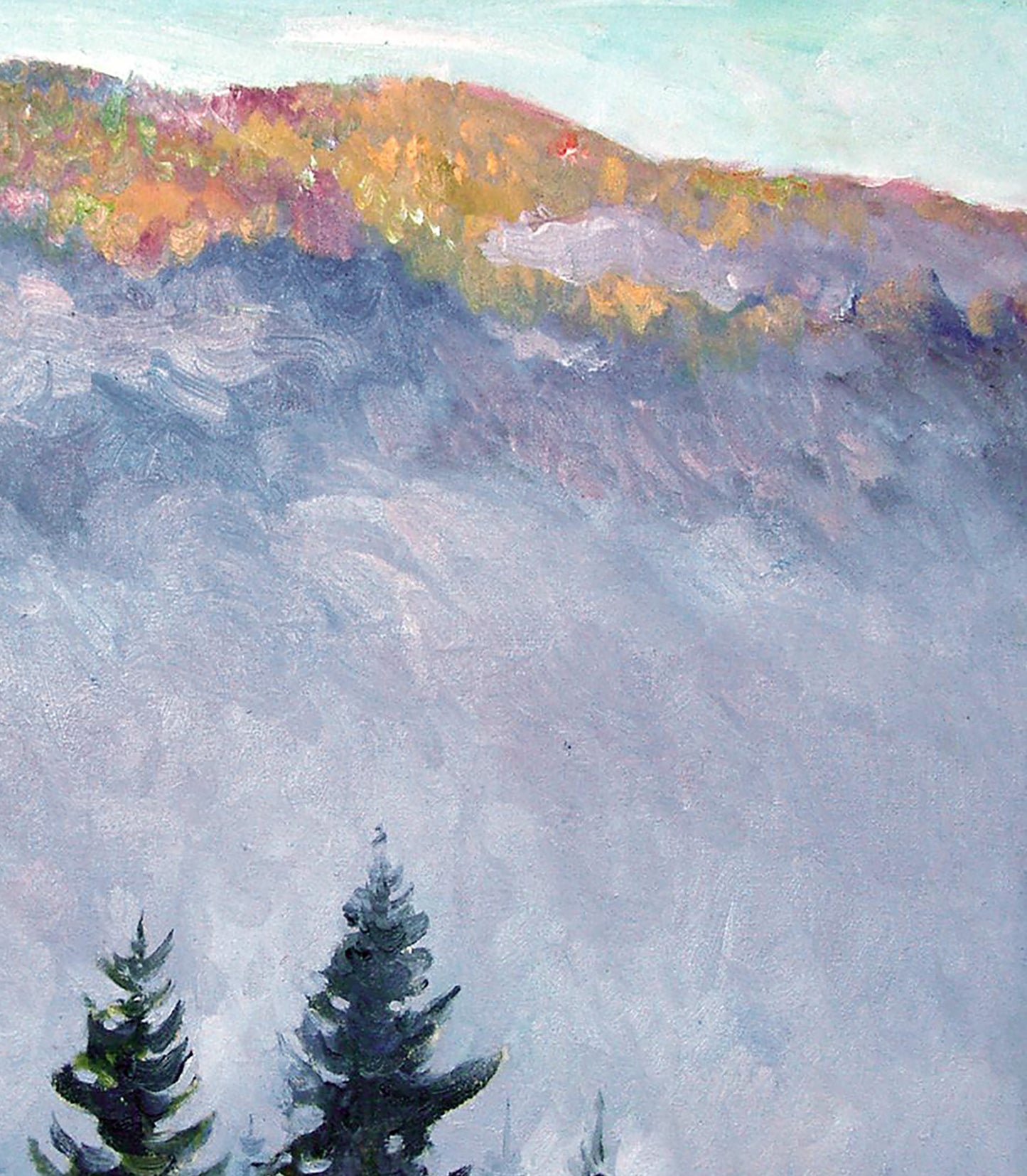 Oil painting Morning fog by Leonid Pavlenko: autumn peaks in mist