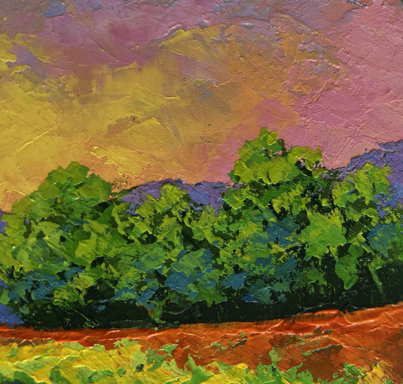 Vibrant impressionist oil painting of flower field in sunset glow by V. Zadorozhnya