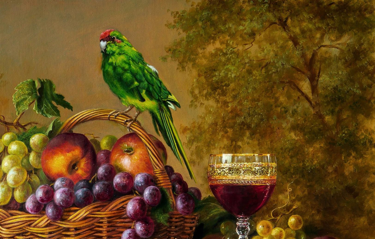 Oil painting of vibrant green parrot with red head on fruit basket by Valeriy Bulat