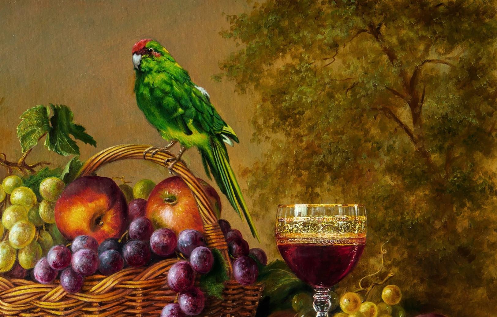 Oil painting of vibrant green parrot with red head on fruit basket by Valeriy Bulat