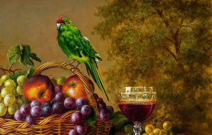 Oil painting of vibrant green parrot with red head on fruit basket by Valeriy Bulat