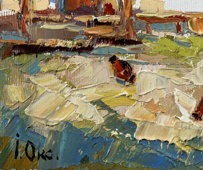 Oil painting Yard in August by Oksana Ivanyuk with red black bird