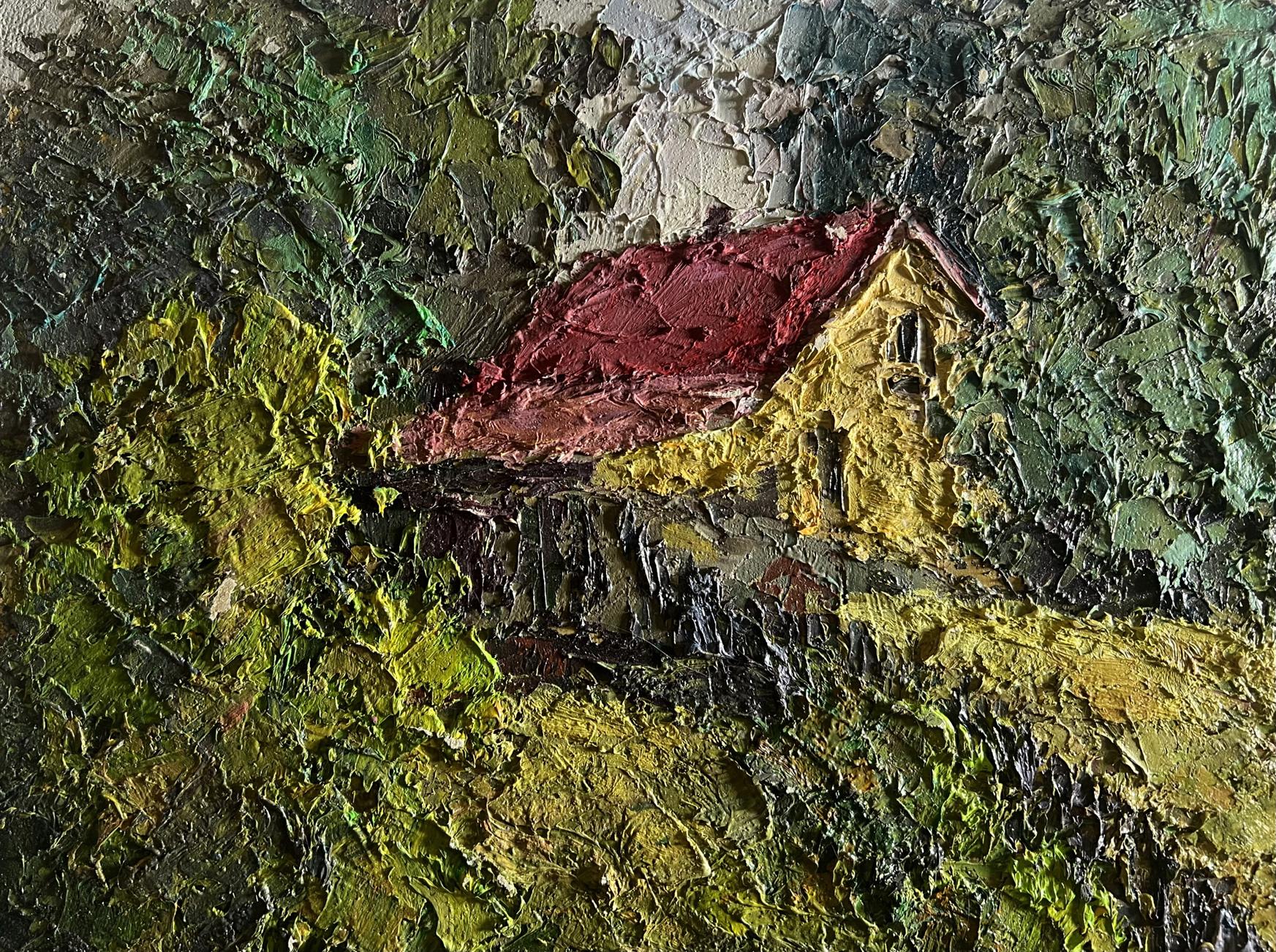 Oil painting of Boris Serdyuk house near pond with red roof in foliage
