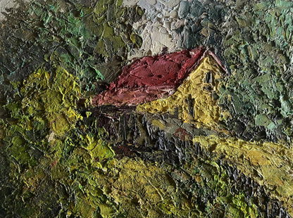 Oil painting of Boris Serdyuk house near pond with red roof in foliage