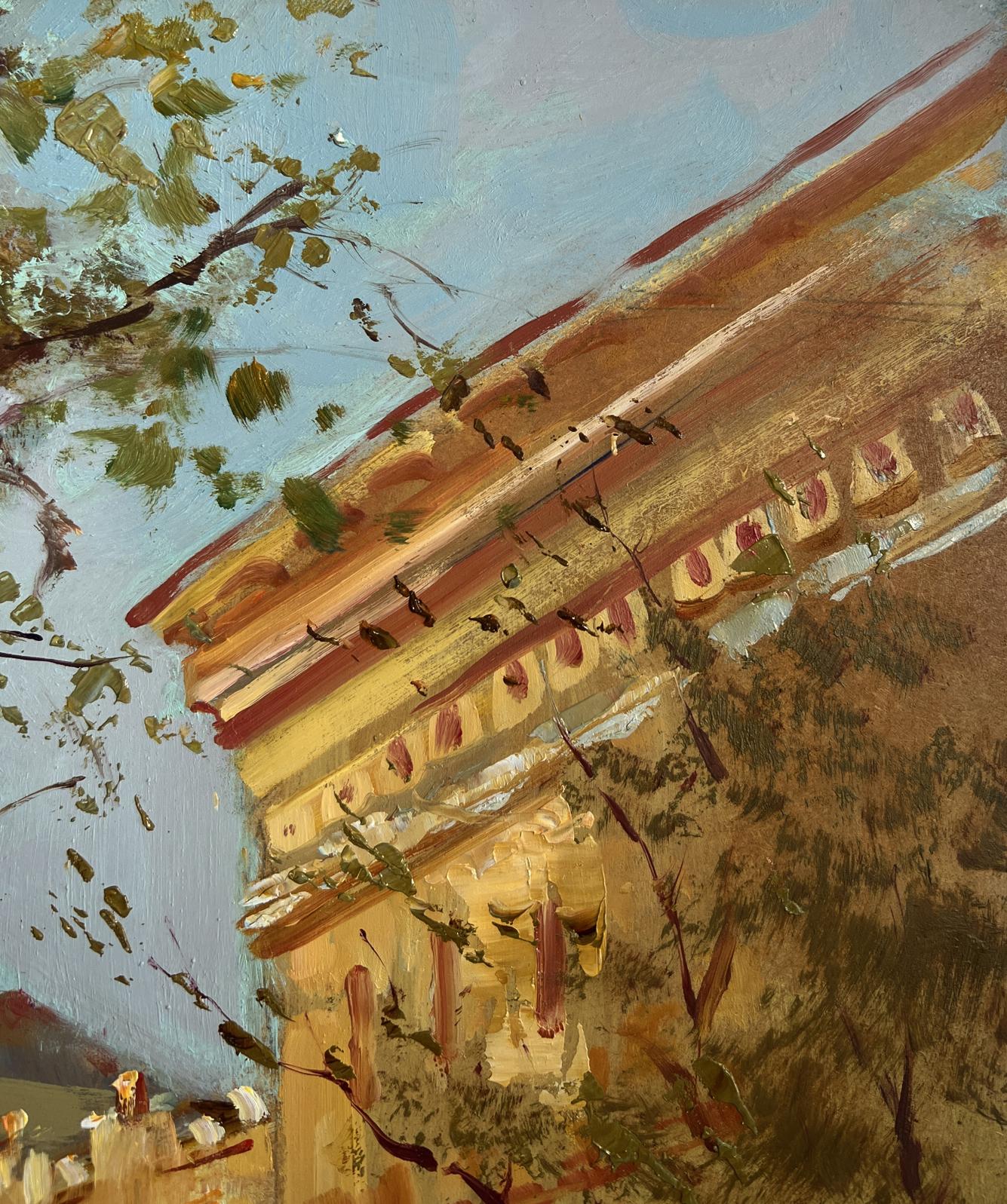 Vibrant impressionistic oil painting of Asian temple roof by Yuriy Suprunchuk