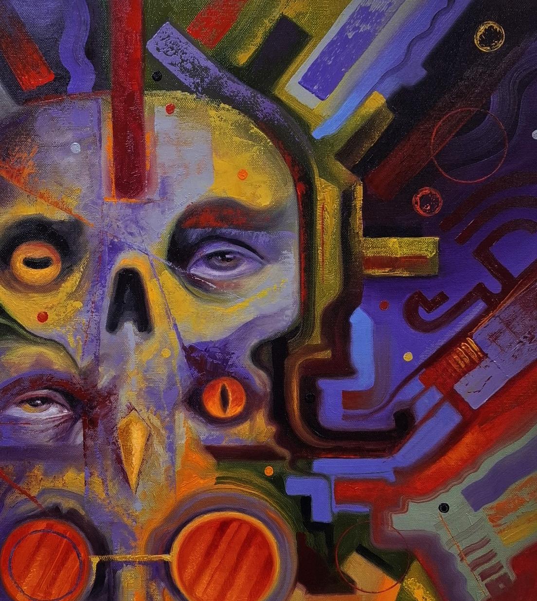 Oil painting Periscope of Consciousness by Sergiy Voichenko, vibrant skull with glowing eyes