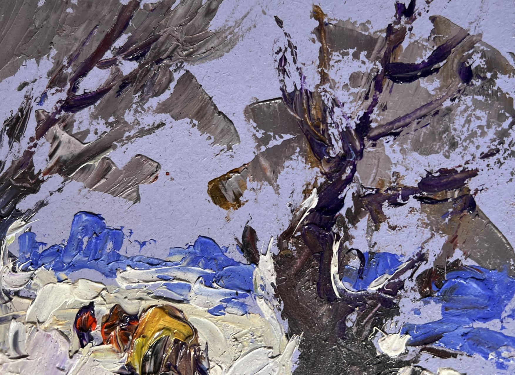 Oil painting Winter snowy road by Oleksiy Ivanyuk with textured tree