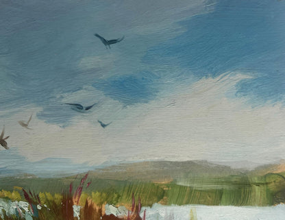 Oil painting of fishing among reeds by Yuriy Suprunchuk with blue sky and birds