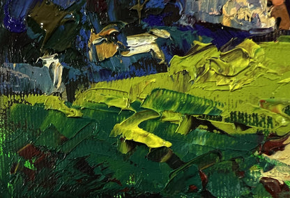 Oil painting Chapel near the village by Oleksiy Ivanyuk vibrant green landscape