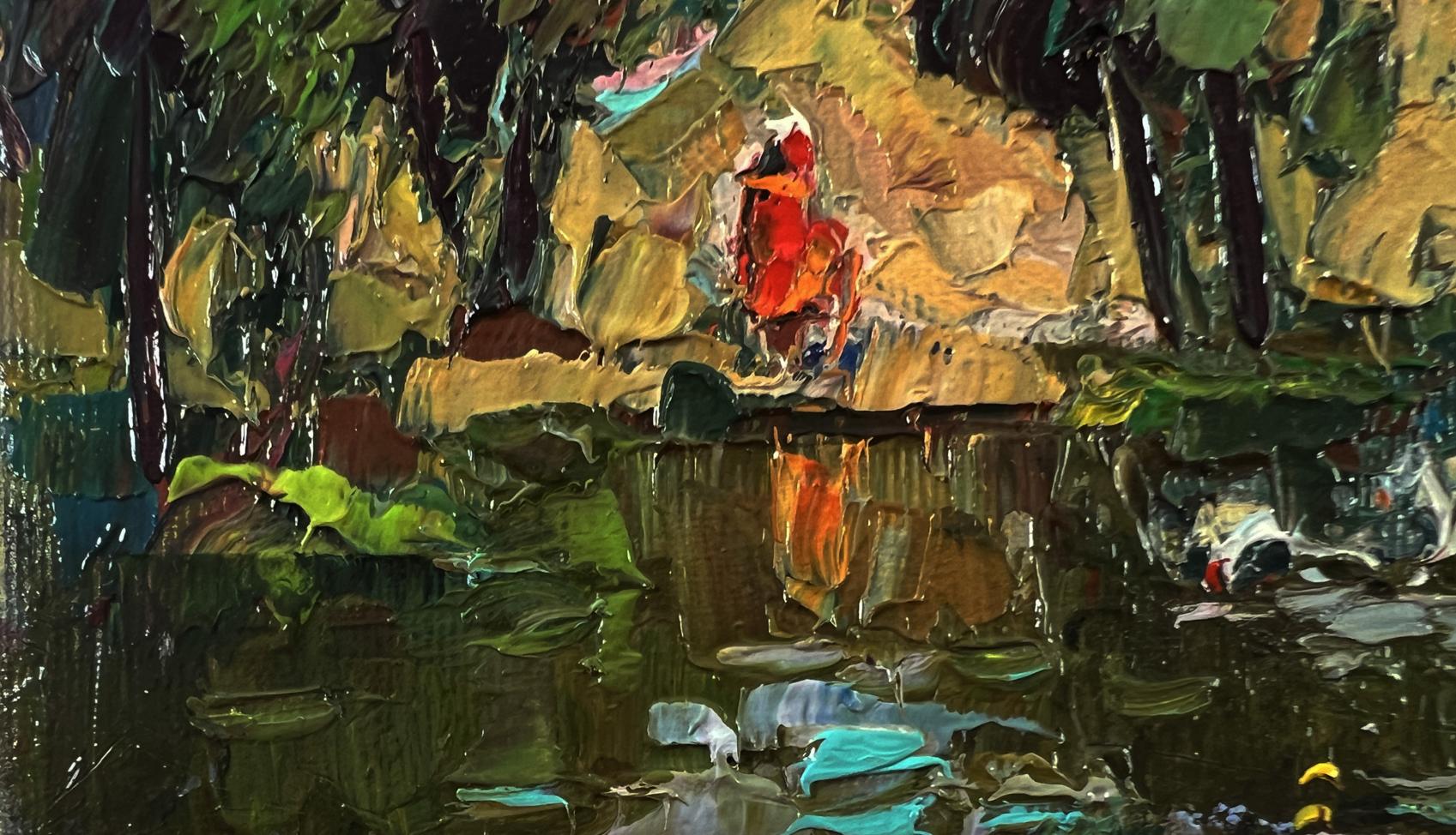 Oil painting Over the River by Oksana Ivanyuk: red figure on rocky outcrop by water