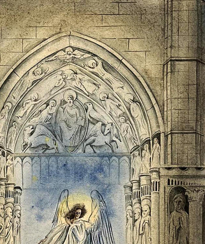 Watercolor Paradise Tor by Dmytro Startsev: gothic stone archway with winged figure