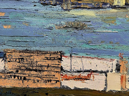 Oil painting Mysterious city by Serhiy Kovalev, textured blue impasto
