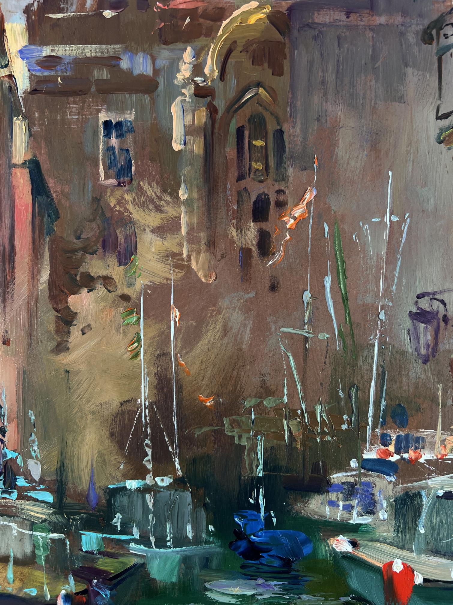 Oil painting of narrow city streets by Yuriy Suprunchuk, canal scene