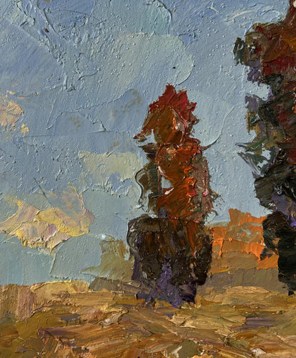 Oil painting Across the Autumn Field by Boris Serdyuk, textured reds on blue sky