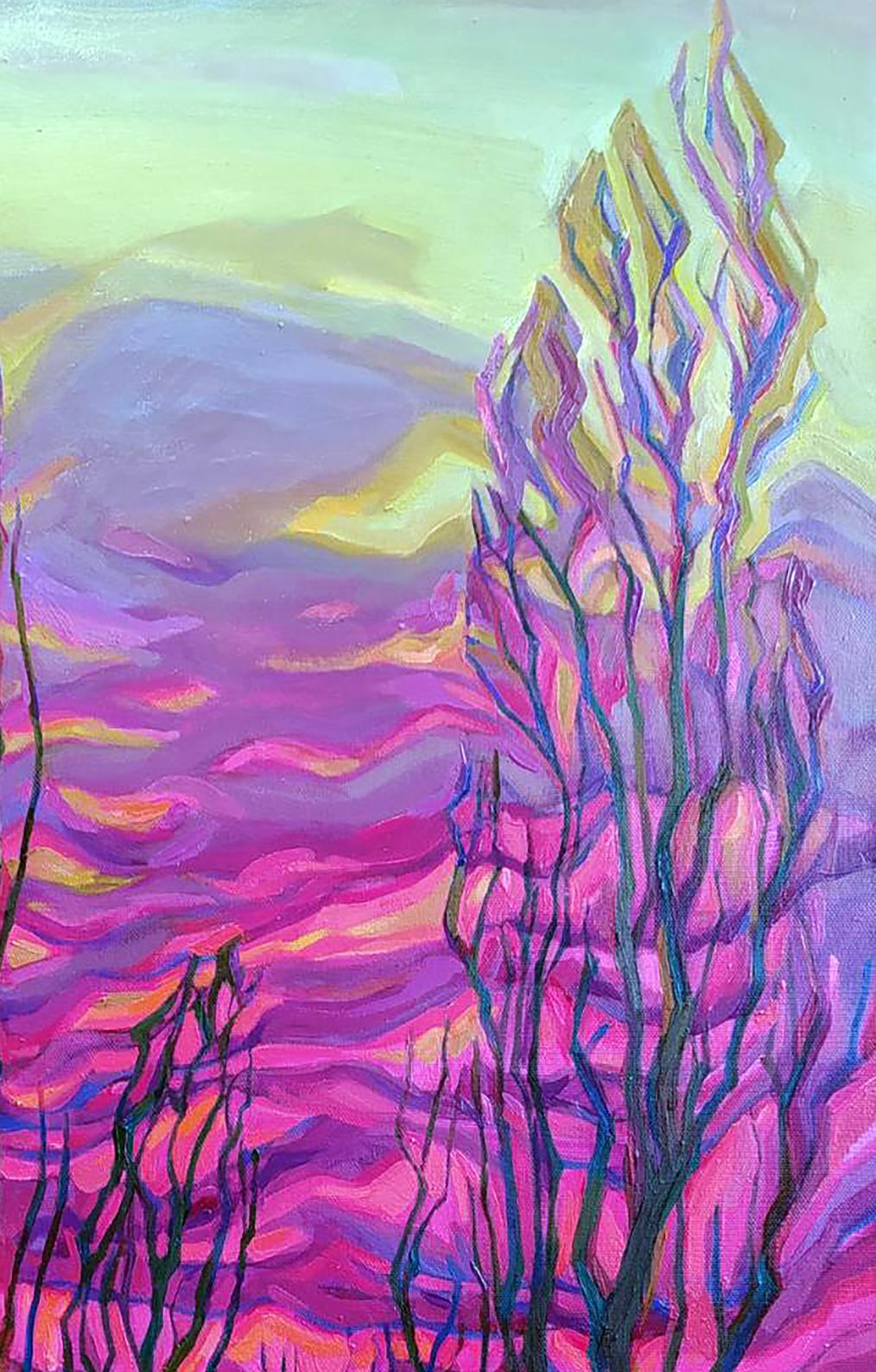Oil painting Glow by Leonid Pavlenko: abstract trees in pink purple yellow swirls